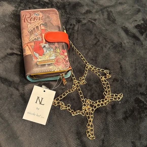 NEW🔥Nicole Lee wallet Croosbady   with chain Brown colorful ❤️🤎💙phone case - Picture 5 of 13